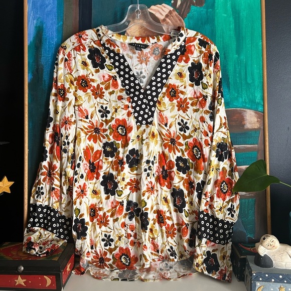 Tribal Multicolor Floral and Polka Dot Blouse M - Picture 1 of 16